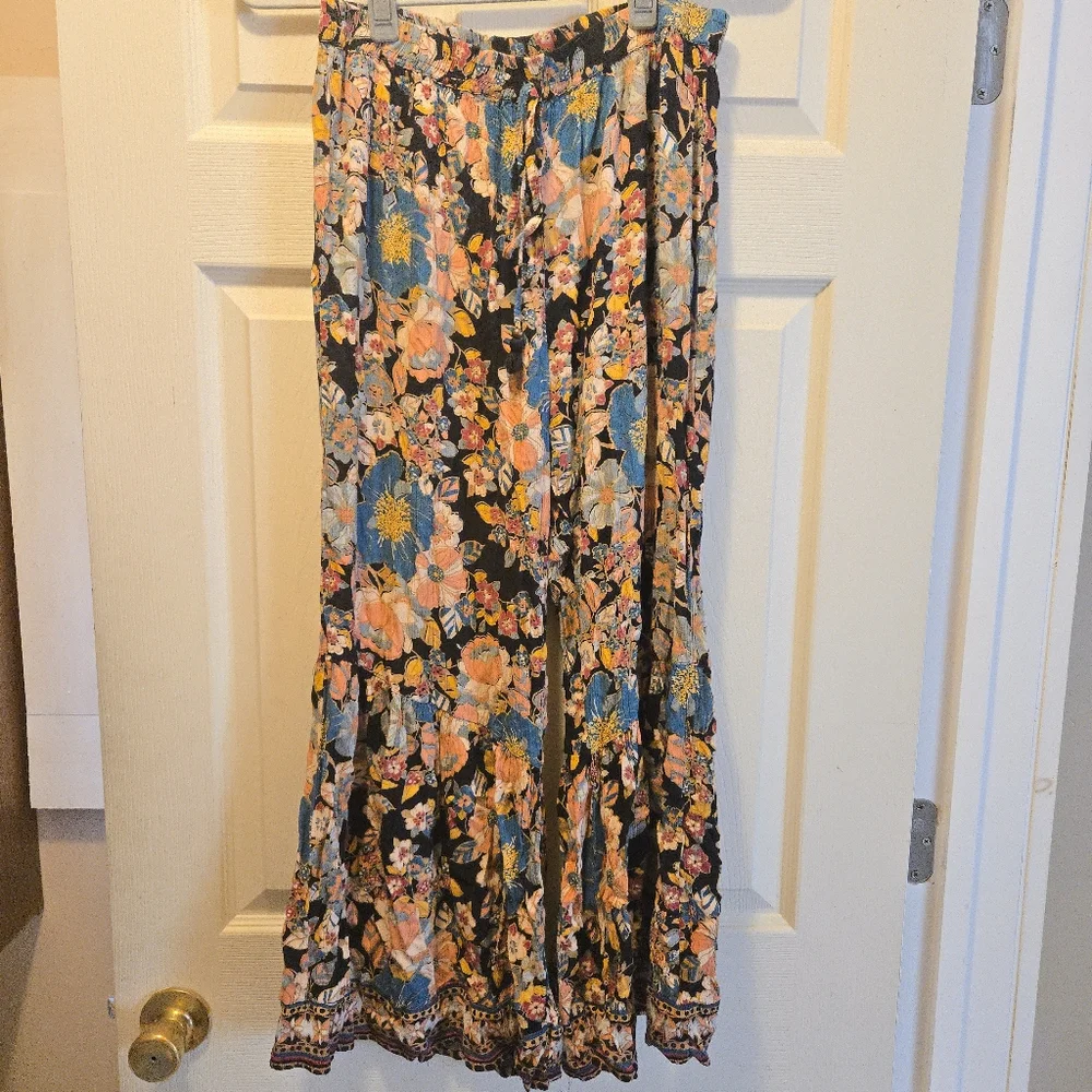 Angie Floral Wide-Leg Beach Flowy Pants Size Large Black Floral Peach Blue Multi - Picture 13 of 16